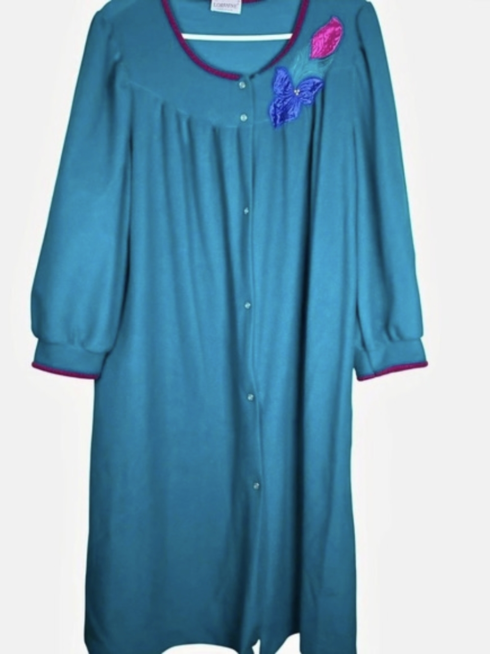 Vintage Teal Muu Muu House Coat Snap Front Lounge Robe By Lorranie Womens XL